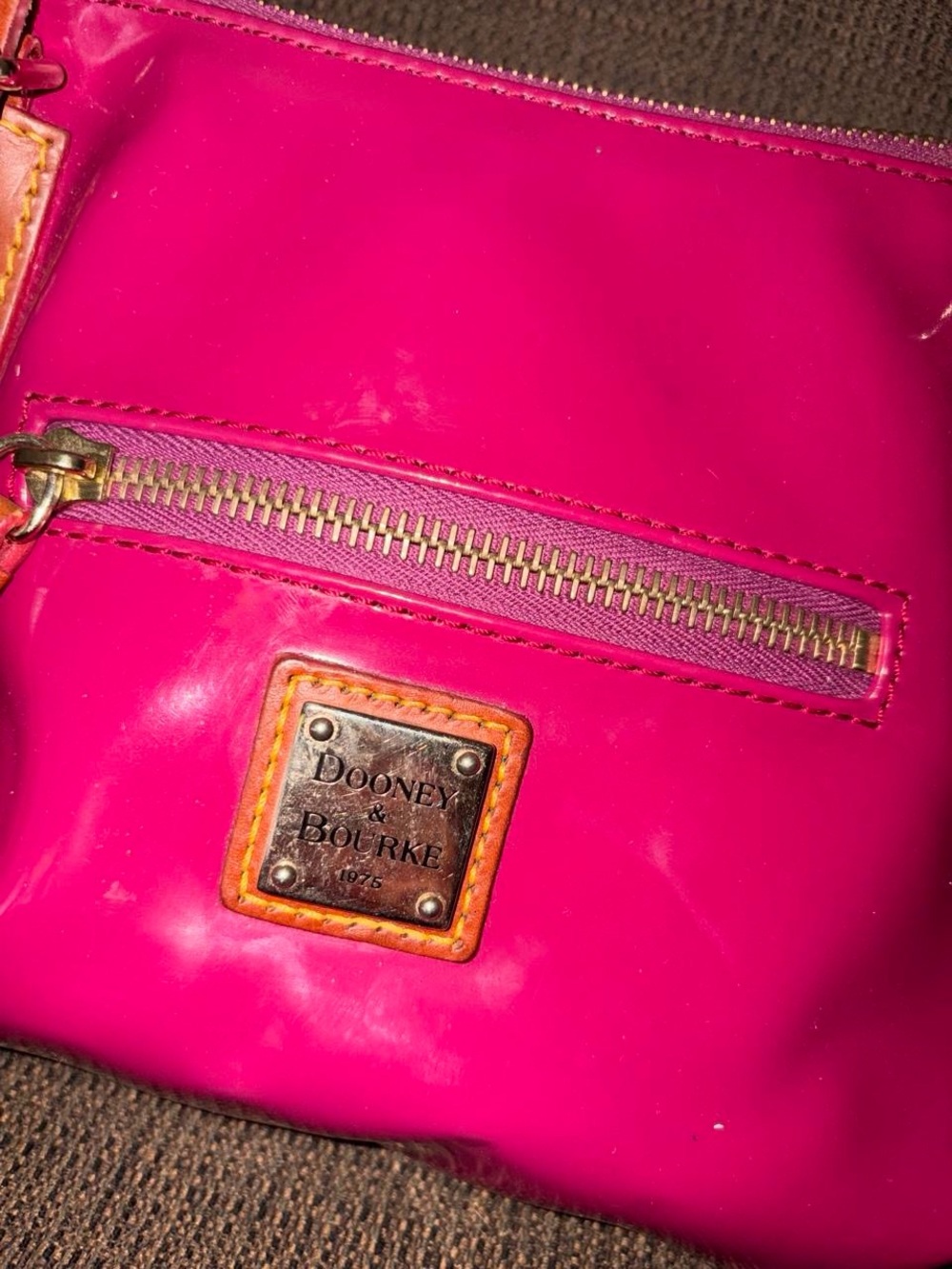 Dooney & Bourke Bright Pink Patent Shoulder Bag with Tan Straps - Picture 2 of 5